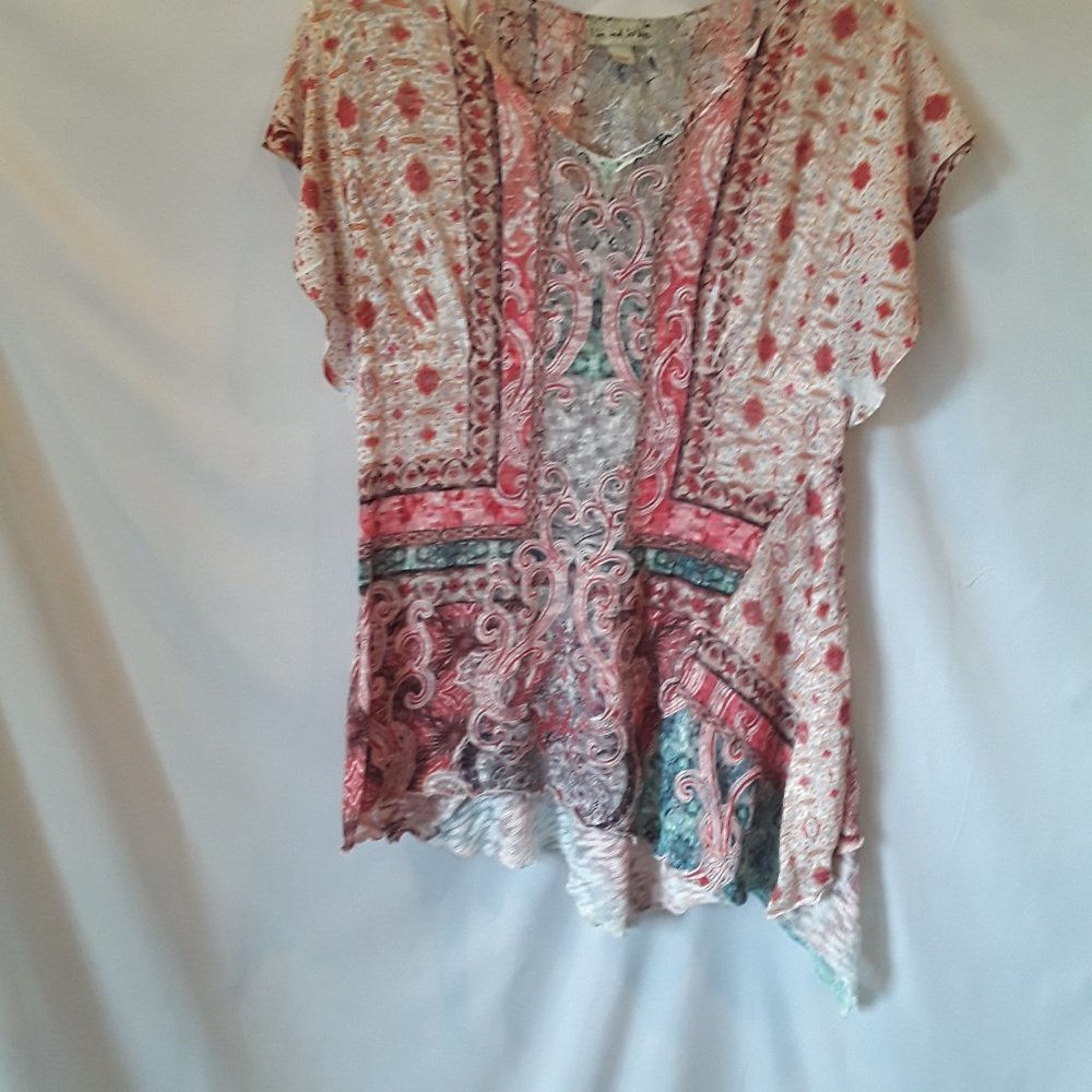 NWOT live & let live guaze print asymmetrical top